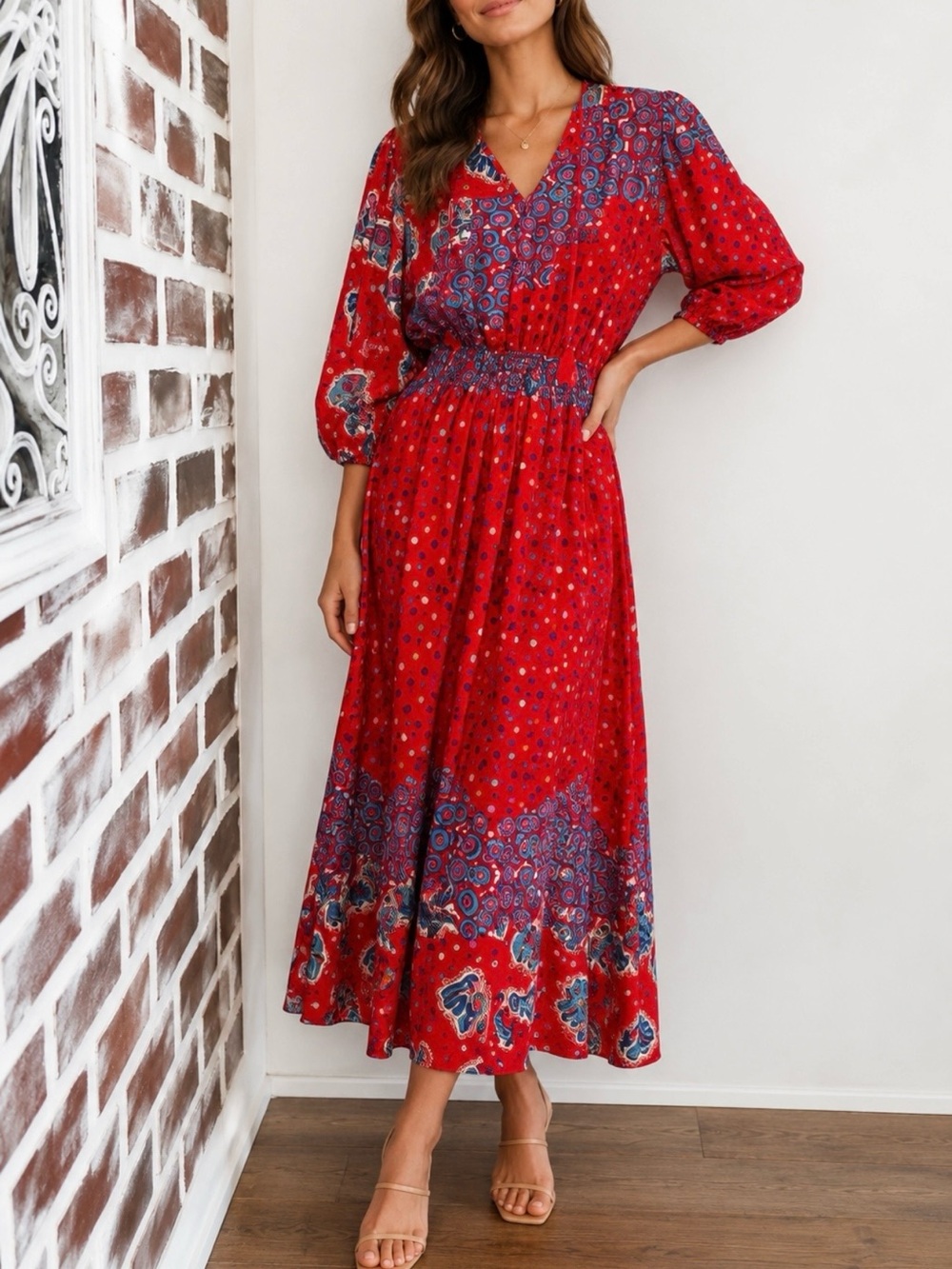 Diane Freis Original Vintage Iconic 80's Bohemian Red V-Neck Maxi Dress